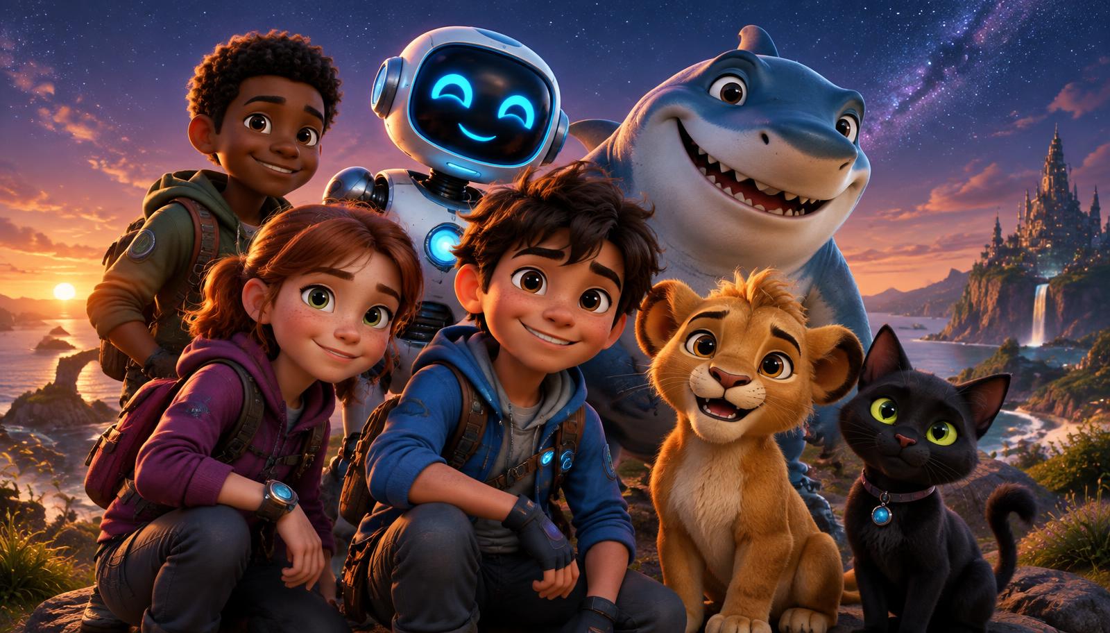 The ToonLite crew of characters together at dusk